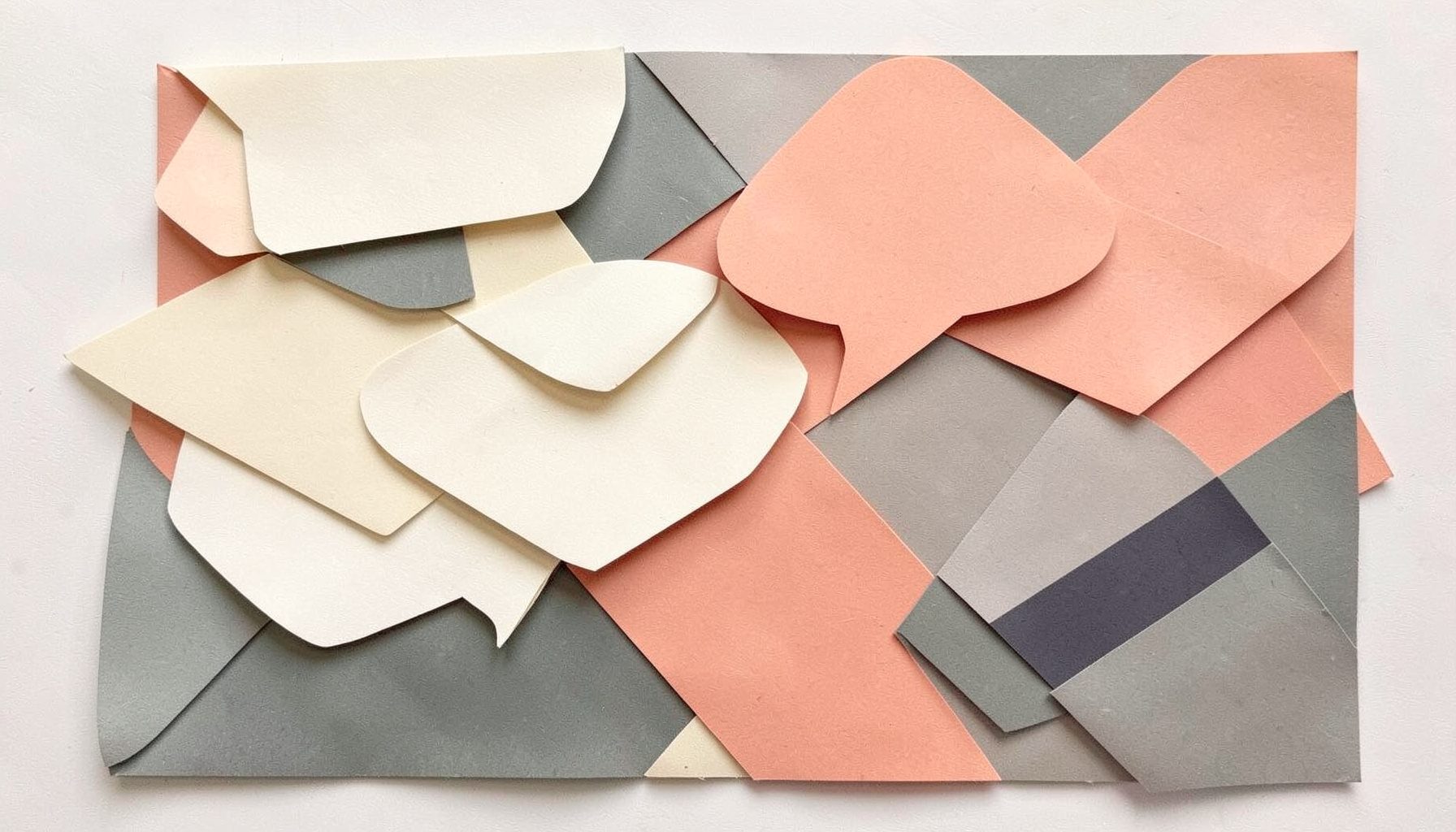 A layered paper cut-out collage of overlapping envelopes, speech bubbles, and abstract geometric shapes in warm cream, soft coral, and muted charcoal tones, conveying connection and correspondence.